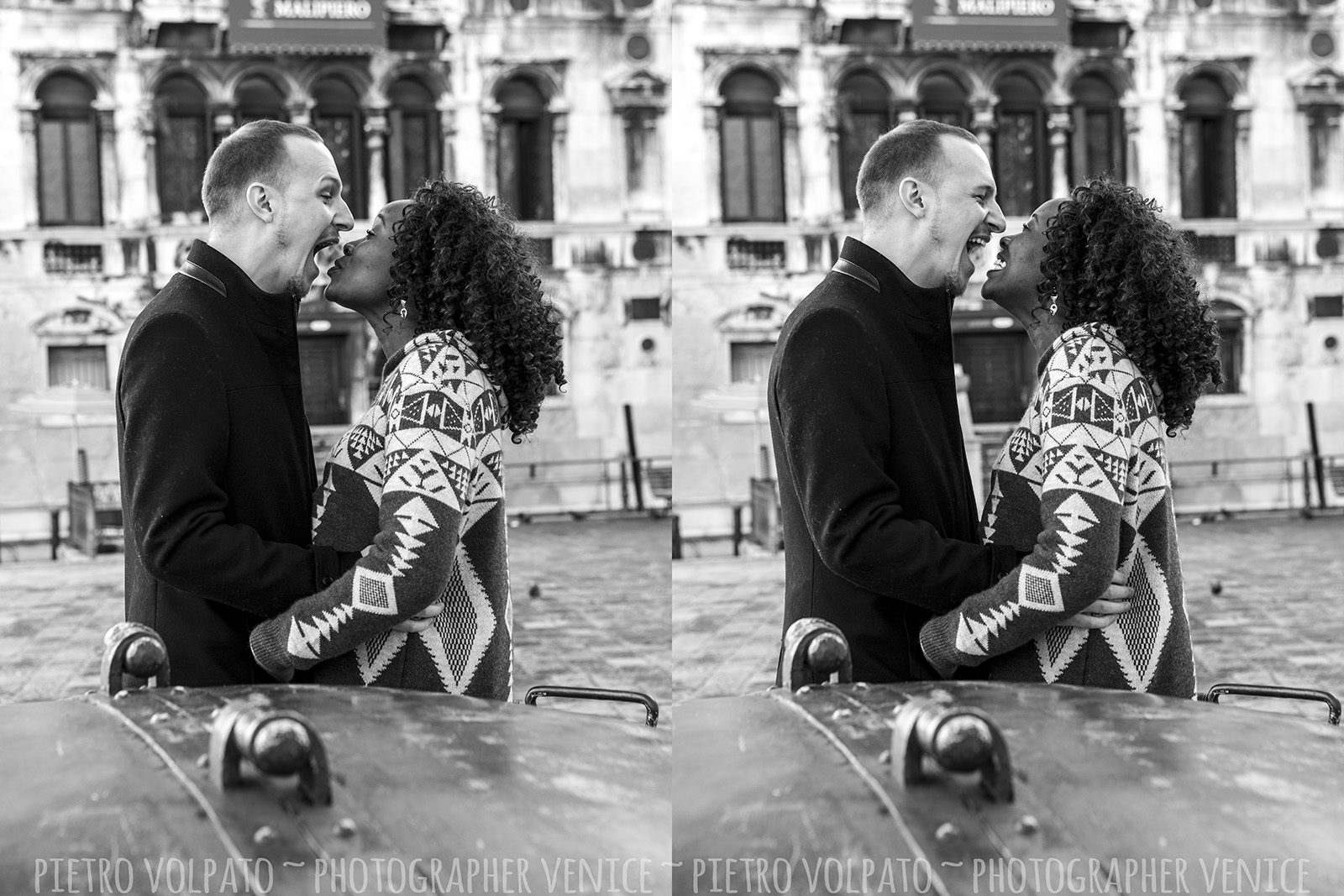 Photographer in Venice for vacation couple photo shoot ~ Having fun and romantic pictures during a walking tour in Venice Italy