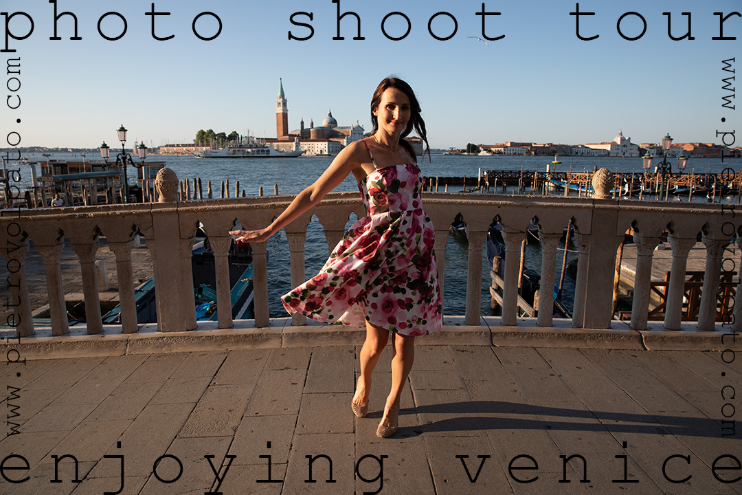 A solo traveler enjoys dancing on a bridge near St. Mark's Square. This photo was taken early in the morning with beautiful sunlight, part of a portrait shoot in Venice by photographer Pietro Volpato.